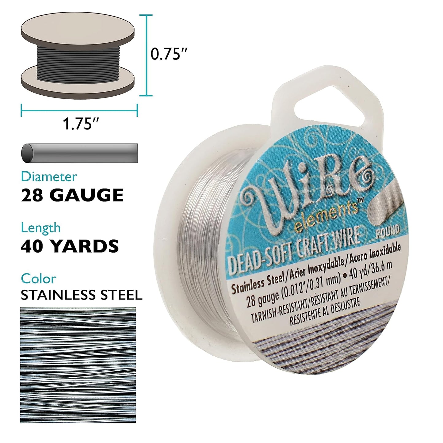 The Beadsmith Wire Elements Craft Wire – Tarnish Resistant, Soft Temper, Round, Stainless Steel Color – 0.32mm, 28 Gauge, 40 Yard Spool – Jewelry Making, Wire Wrapping, & Other DIY Crafts