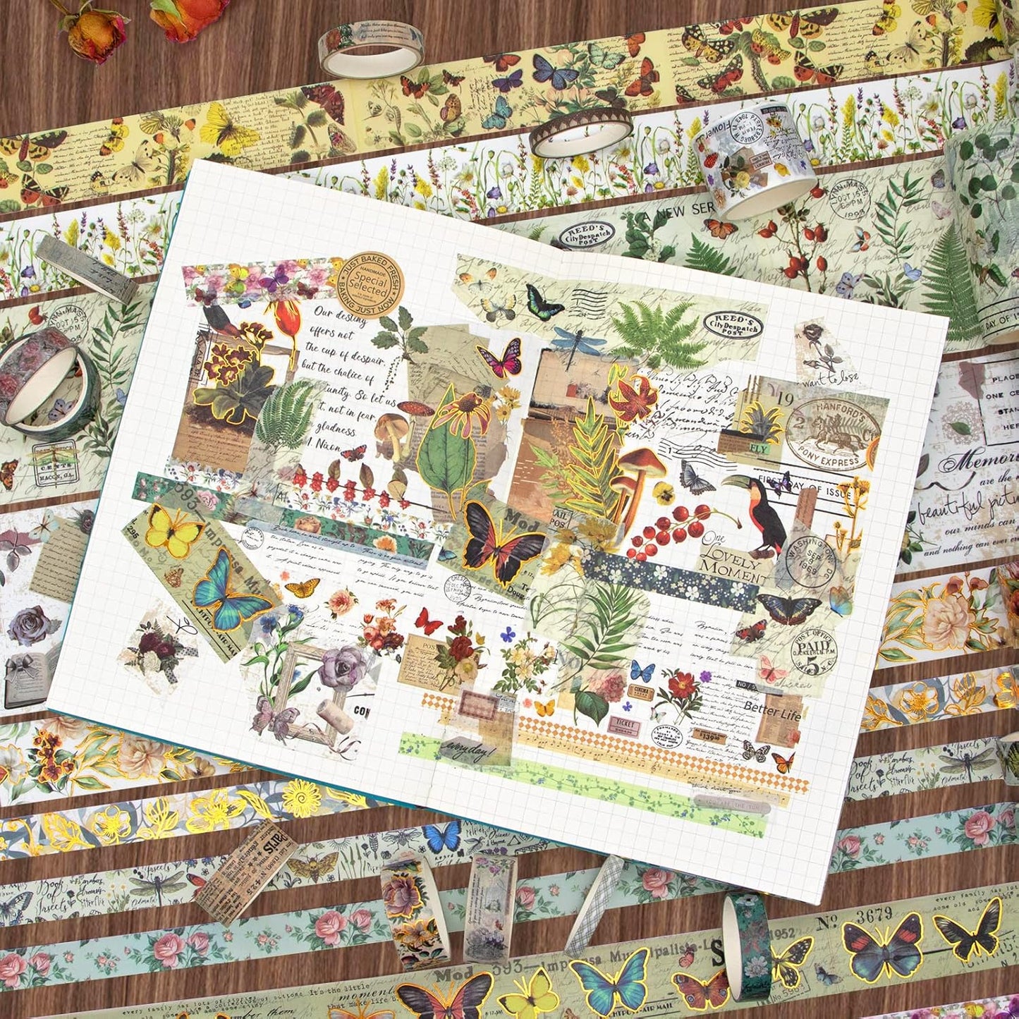 37 Rolls Vintage Washi Tape Set - Decorative Tape Floral Butterfly Mushroom Botanical,Adhesive Tape for Journaling Supplies,Scrapbooking,Junk Journal Supplies5/8/10/15/30/75mm Wide9.84ft Long/Roll