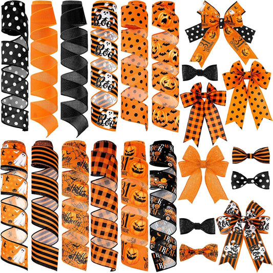 12 Rolls Halloween Wired Edge Ribbon for Wreaths 2 Inch x 60 Yards Bat Spider Web Pumpkin Print Ribbon Ghost Witch Hat Crafts for Halloween Party Decorative Supplies, 12 Styles