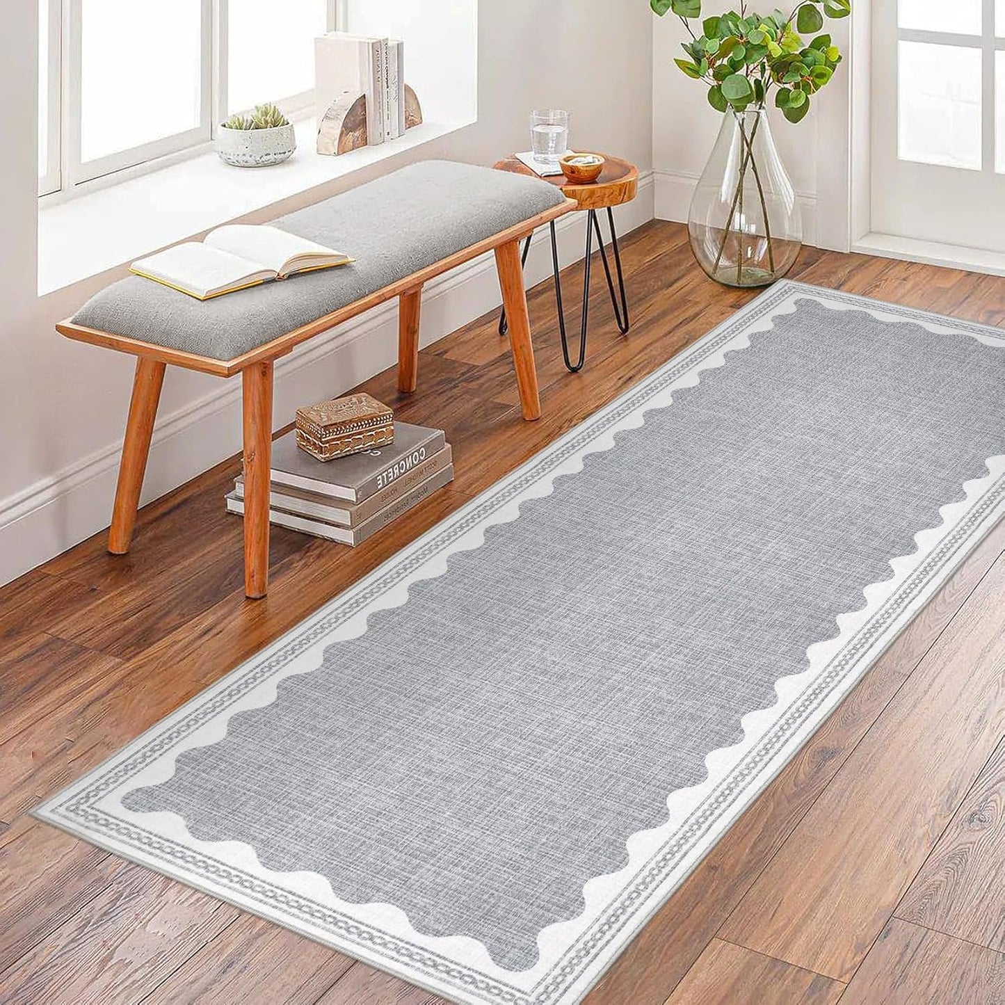 Scalloped Rug 2.5x8 Runners for Hallways, Solid Grey Runner Rugs Non Slip Scalloped Bath Runner, Washable Mat for Bedroom Girls, Rugs for Kitchen Floor Soft Dorm Nursery Carpet for Bedside