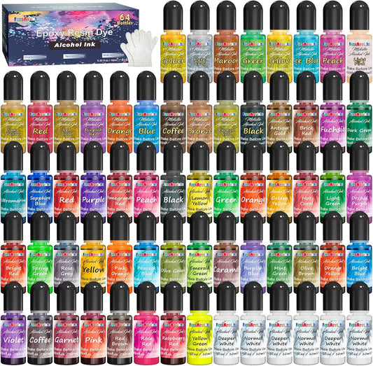 FansArriche Alcohol Inks for Resin, 64 Colors High Concentrated Alcohol Ink Set for Epoxy Resin, Alcohol-Based Resin Ink for Coasters, Fluid Painting Crafts, Tumbler Making, 10 ml Each