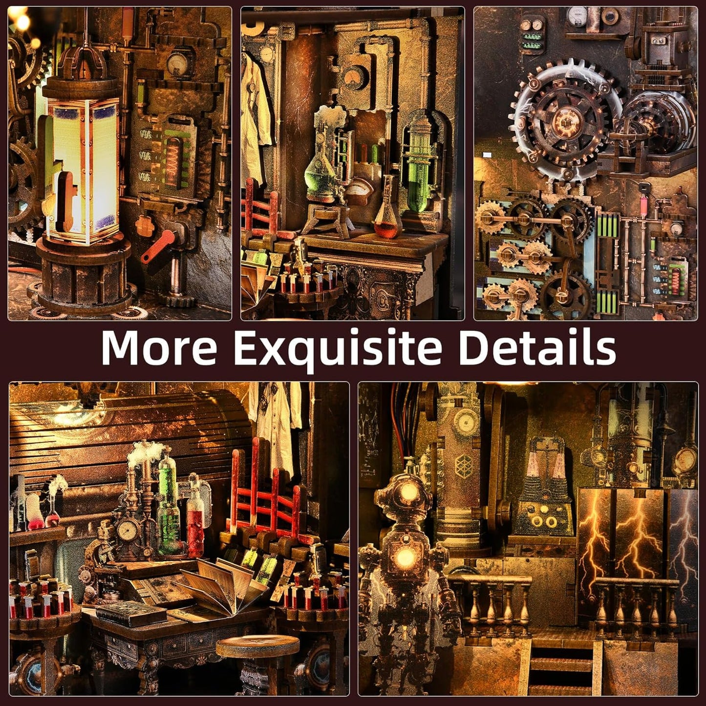Book Nook Kit, Steampunk DIY Booknook Kits for Adults and Teens, 3D Wooden Puzzle Bookend Miniature Dollhouse Kit Creative Bookshelf Insert Decor with LED Light (Mad Scientist's Lab)