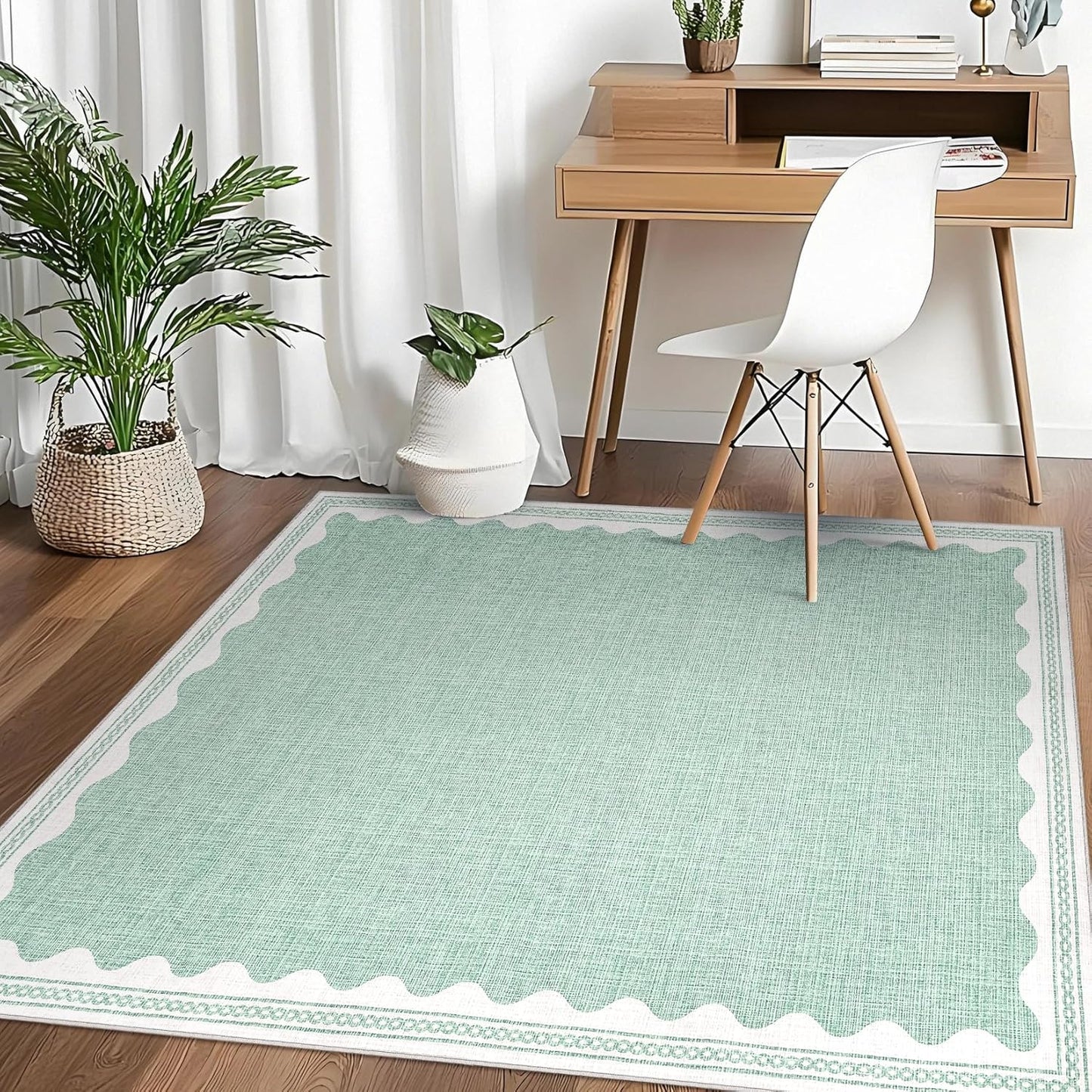 Scalloped Rug 4x6 Rugs for Entryway, Small Area Rugs Solid Green Rug for Bedroom Girls, 4x6 Washable Rugs for Living Room, Non Slip Scalloped Bath Mat, Soft Dorm Nursery Carpet for Bedside