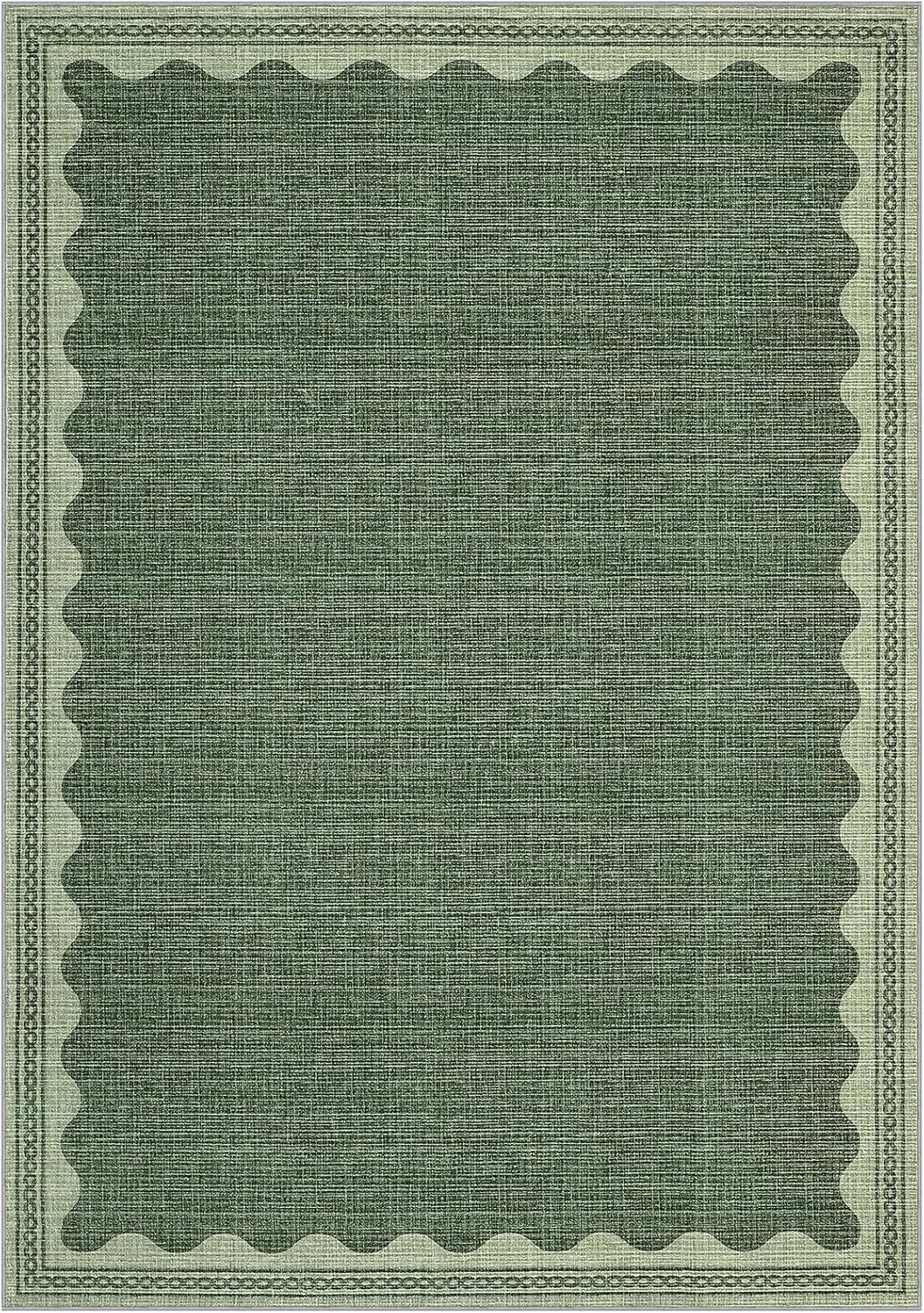 Scalloped Washable Rug 5x7 Area Rugs for Living Room, Solid Green Rug for Bedroom Girls, Non Slip Scalloped Throw Mat with Rubber Back, Soft Dorm Nursery Low Pile Carpet for Dining Room