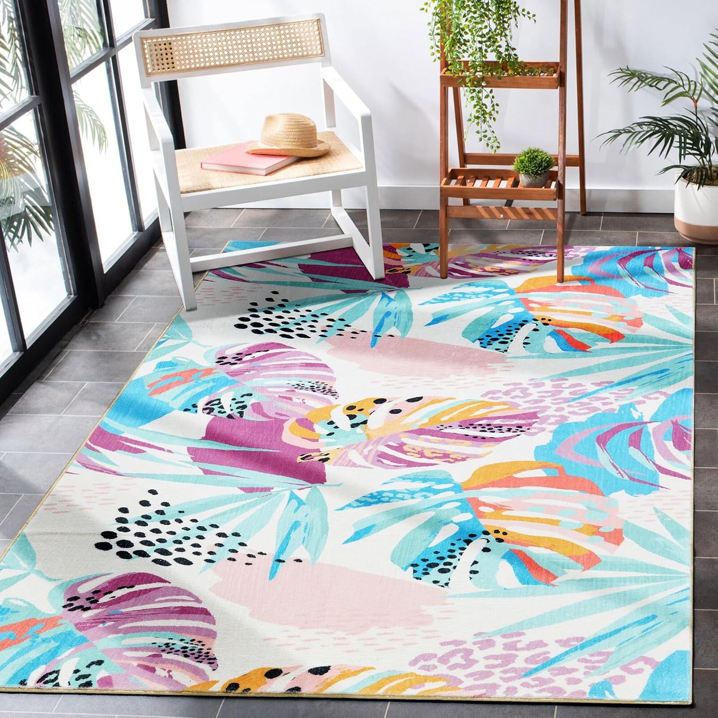 RoomTalks Tropical Leaves Washable Rug, Colorful Pink Blue Boho Cute Floral Aesthetic 4x6 Area Rugs for Bedroom Dorm Living Room Kitchen, Modern Abstract Art Palm Leaf Thin Indoor Entryway Carpet