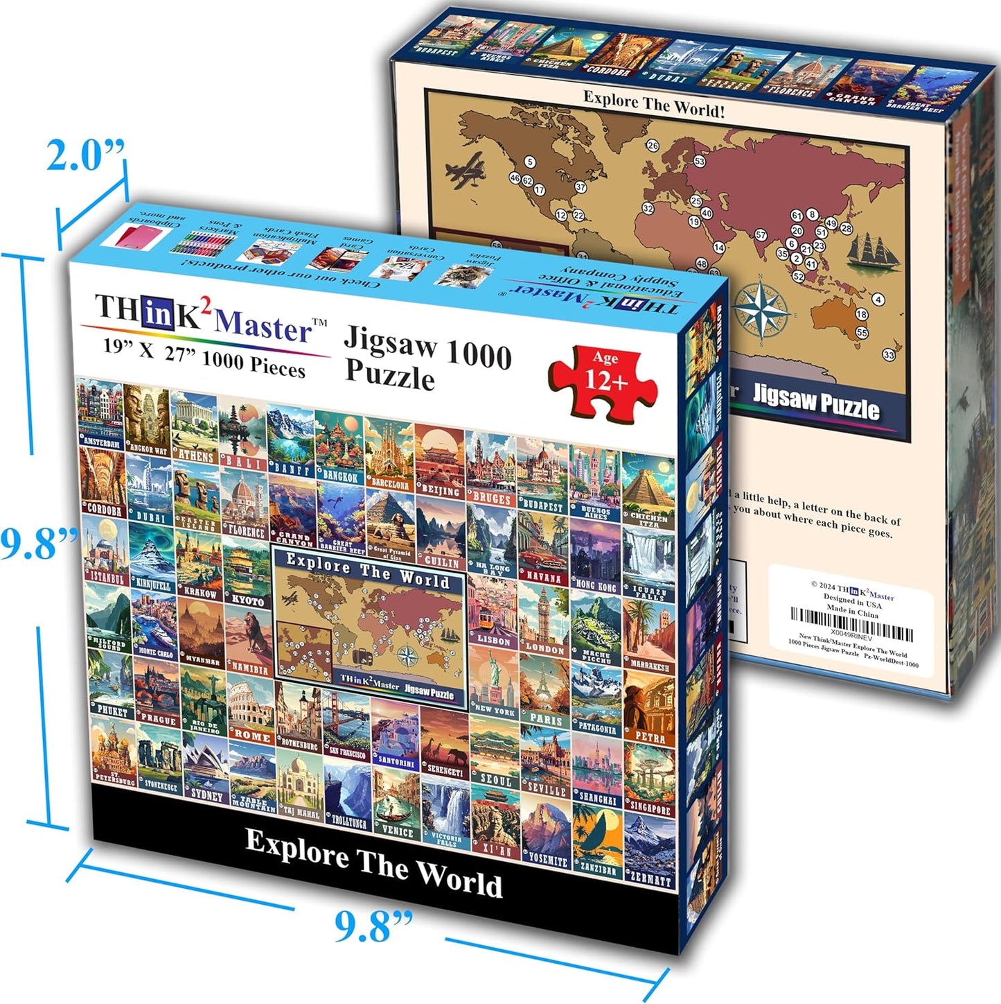 Think2Master Colorful Vintage World Travel Poster 1000 pieces Large Format Jigsaw Puzzle for kids 12+, teens, adults & families. Great gift for people wanting to explore the World. Size: 26.8” X 18.9”