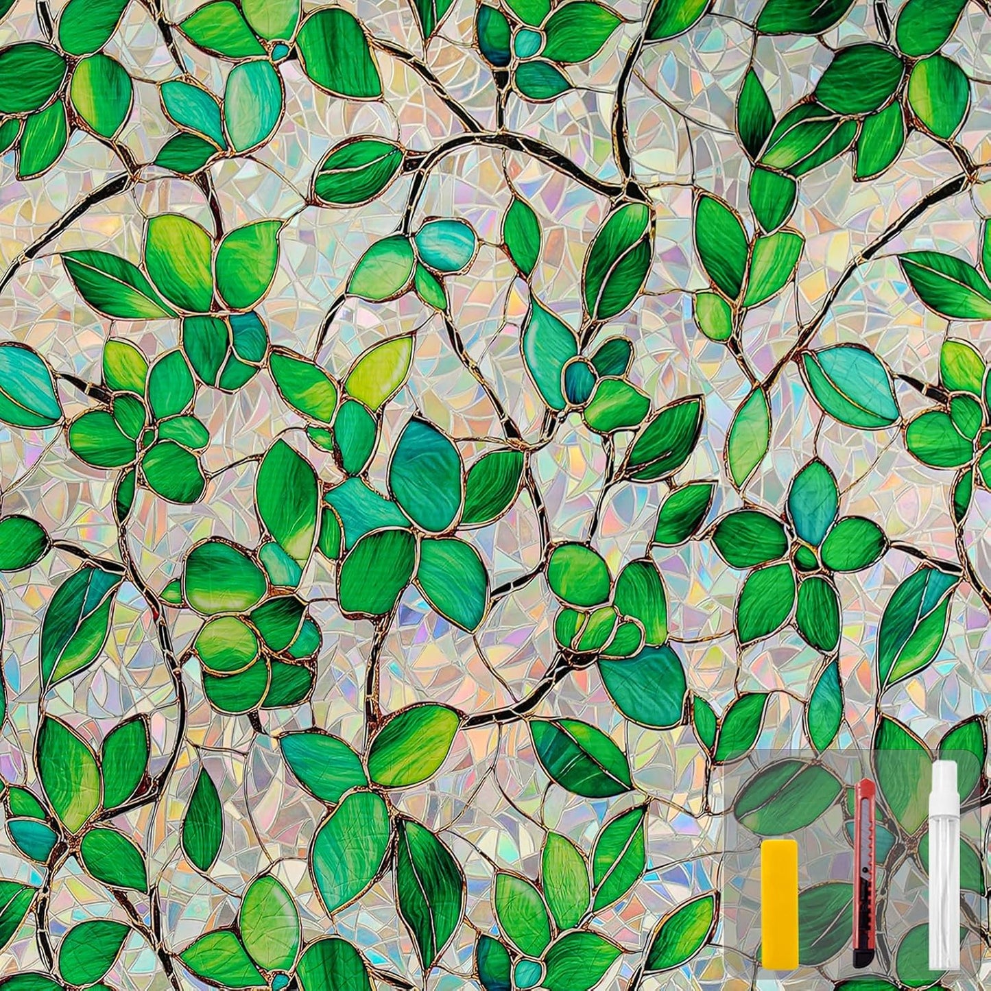 Window Privacy Film Stain Glass Window Film Rainbow Window Film Window clings Non-Adhesive Reusable Decorative for Room (Greenery Leaf, 17.5 x 78.7 in)