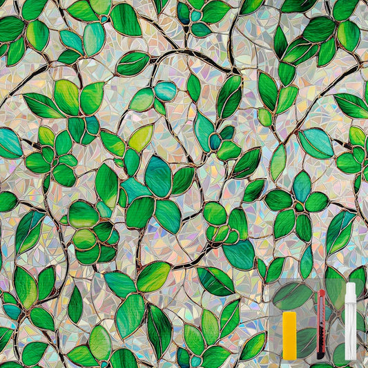 Window Privacy Film Stain Glass Window Film Rainbow Window Film Window clings Non-Adhesive Reusable Decorative for Room (Greenery Leaf, 45.2 x 157.4 in)