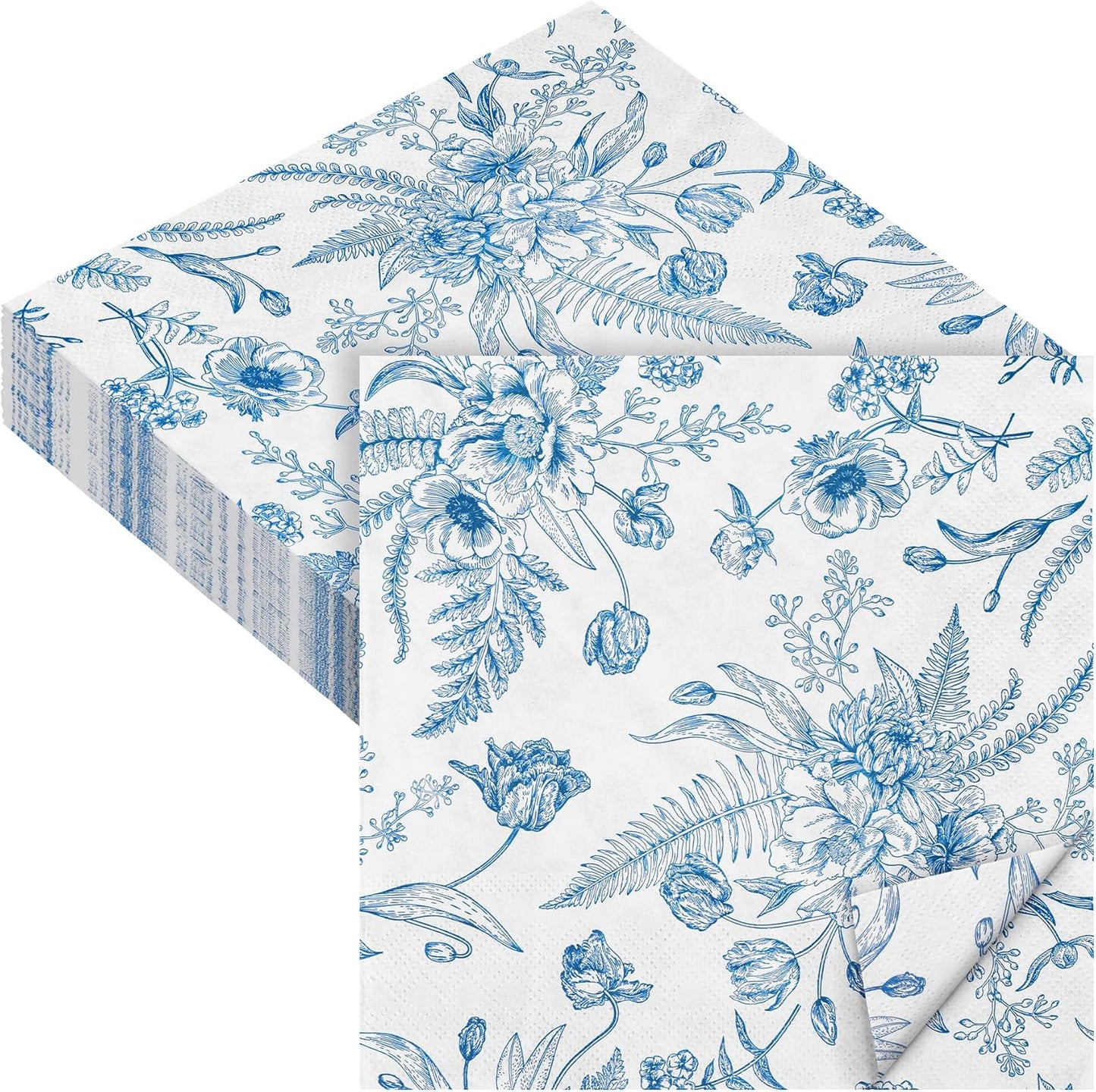 Aodaer 48 Pieces Floral Paper Napkins Disposable Blue Floral Napkins Blue and White Cocktail Dinner Napkin Set 13" x 13" Unfolded Decoupage Tableware Napkins for Garden Party Supplies