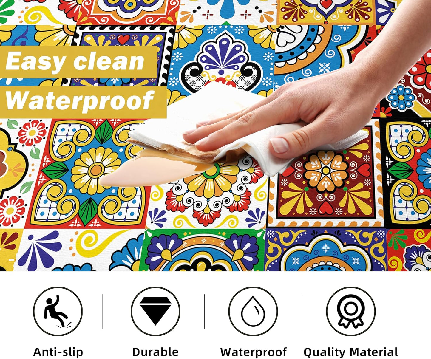 Boho Kitchen Rugs Set 2 Memory Foam Colorful Ceramic Comfort Tile Floor Mat Anti Fatigue Non-Skid PVC Runner Rug Water & Oil Proof Carpet for Kitchen Laundry Sink,17.3x28+17.3x47 Inch, C2