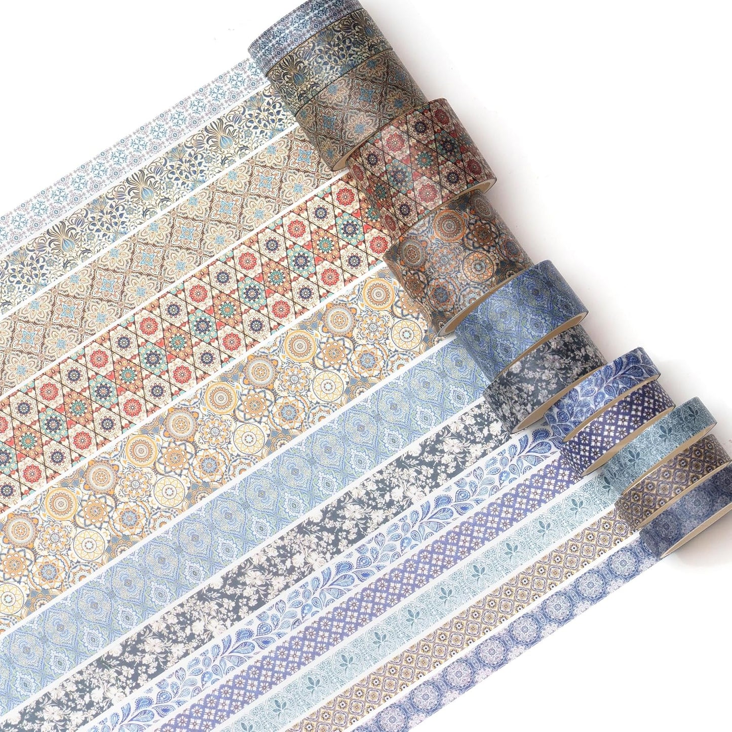 12 Rolls Exotic Charm Washi Tape Set Floral Arts Adhesive Tapes Geometric Garden Decorative Masking Tape Sets for Craft, Kids, Scrapbook, DIY, Gift Wrapping (Azure Serenity)
