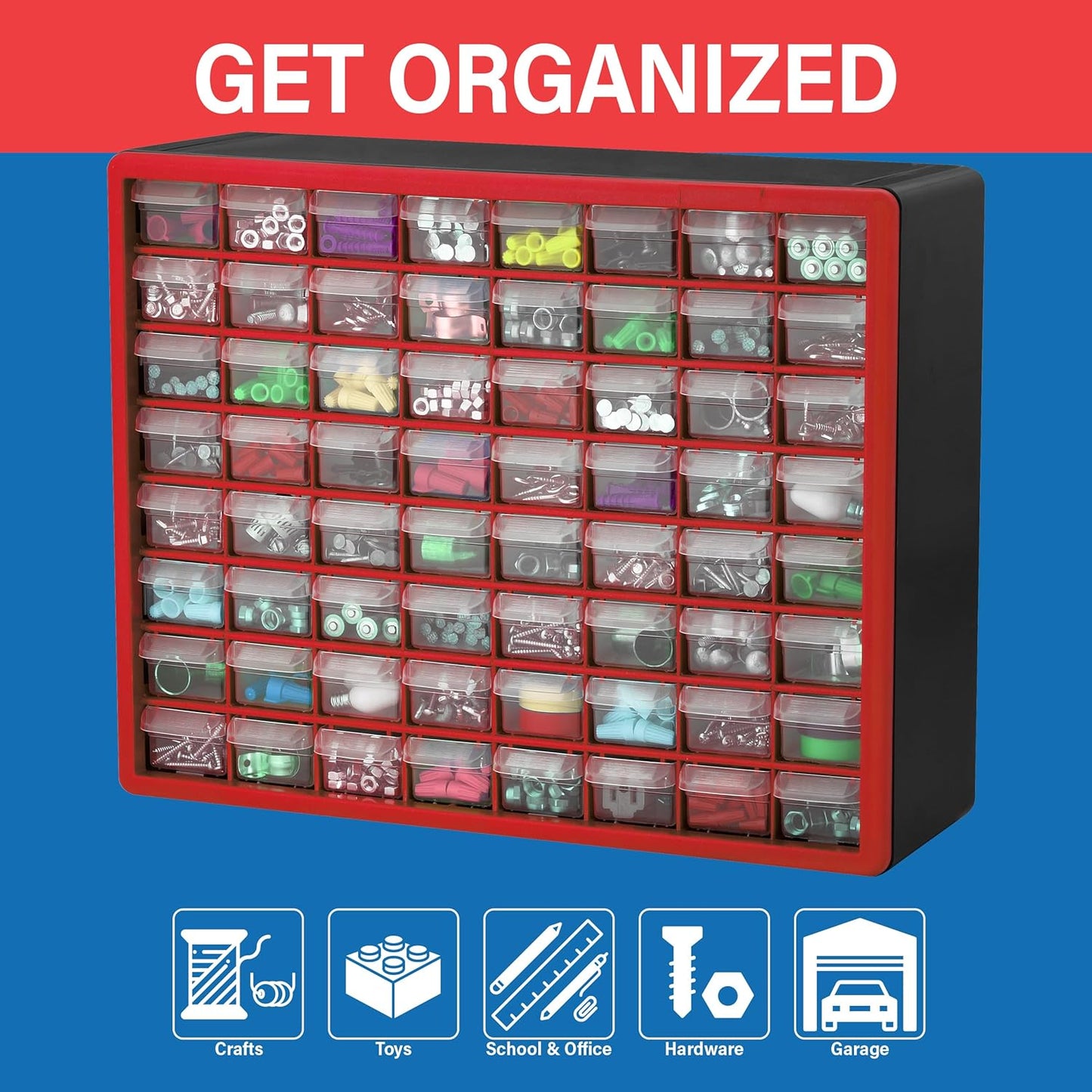 Akro-Mils 64-Drawer Plastic Drawer Storage Cabinet for Garage Organization, Bead Organizer, Building Bricks Storage, Teacher Toolbox, Makeup Organizer, 20" W x 6" D x 16" H, 10164 Red