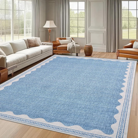 Scalloped Washable Rug 9x12 Area Rugs for Living Room, Solid Blue Rug for Bedroom Girls, Non Slip Throw Mat with Rubber Back, Soft Dorm Nursery 9x12 Carpet for Dining Room