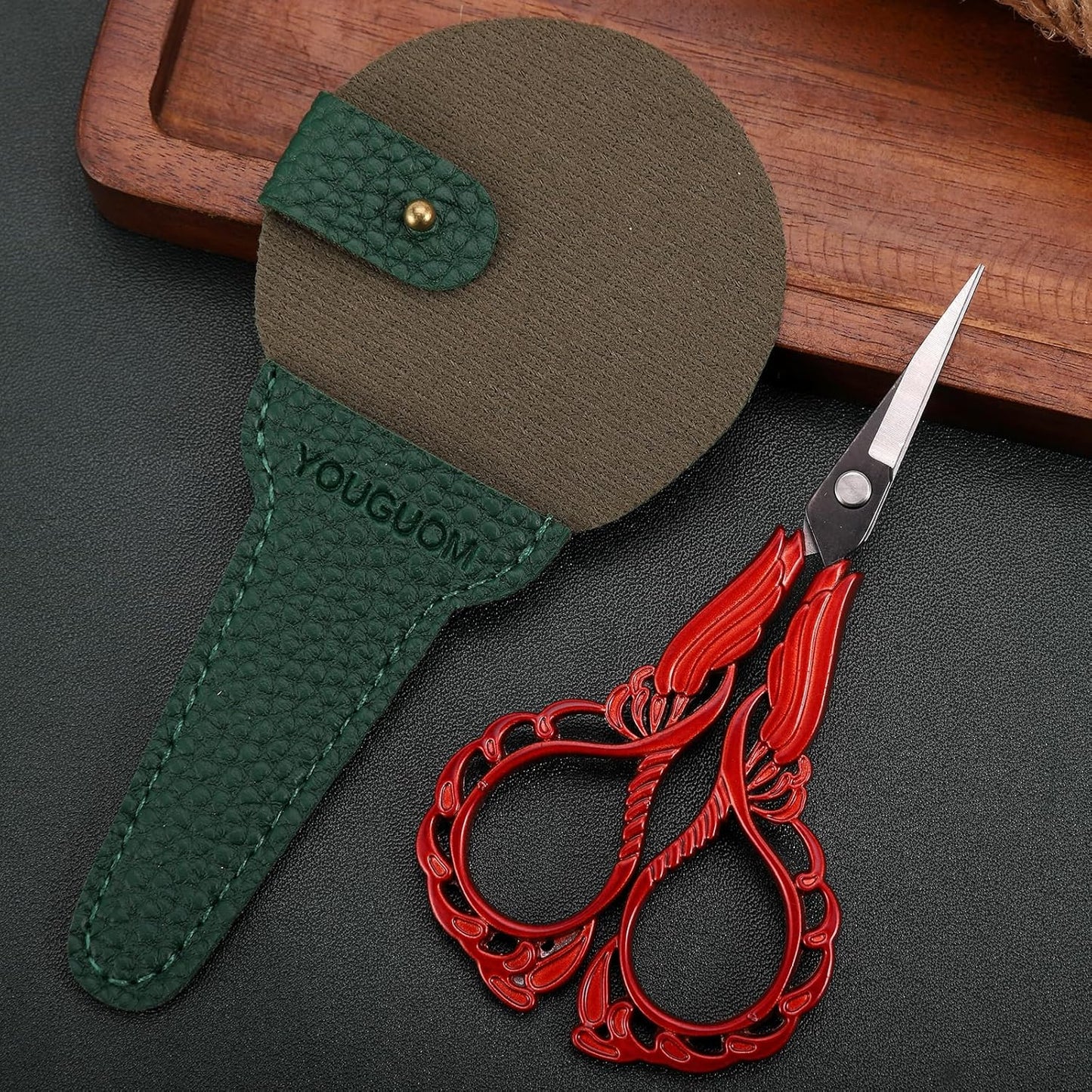 Small Embroidery Scissors Sewing Crafting Scissor Sharp Tip Shears for Needlework Threading Craft Artwork DIY Tools, 4.3in Vintage Red Scissors W/Sheath