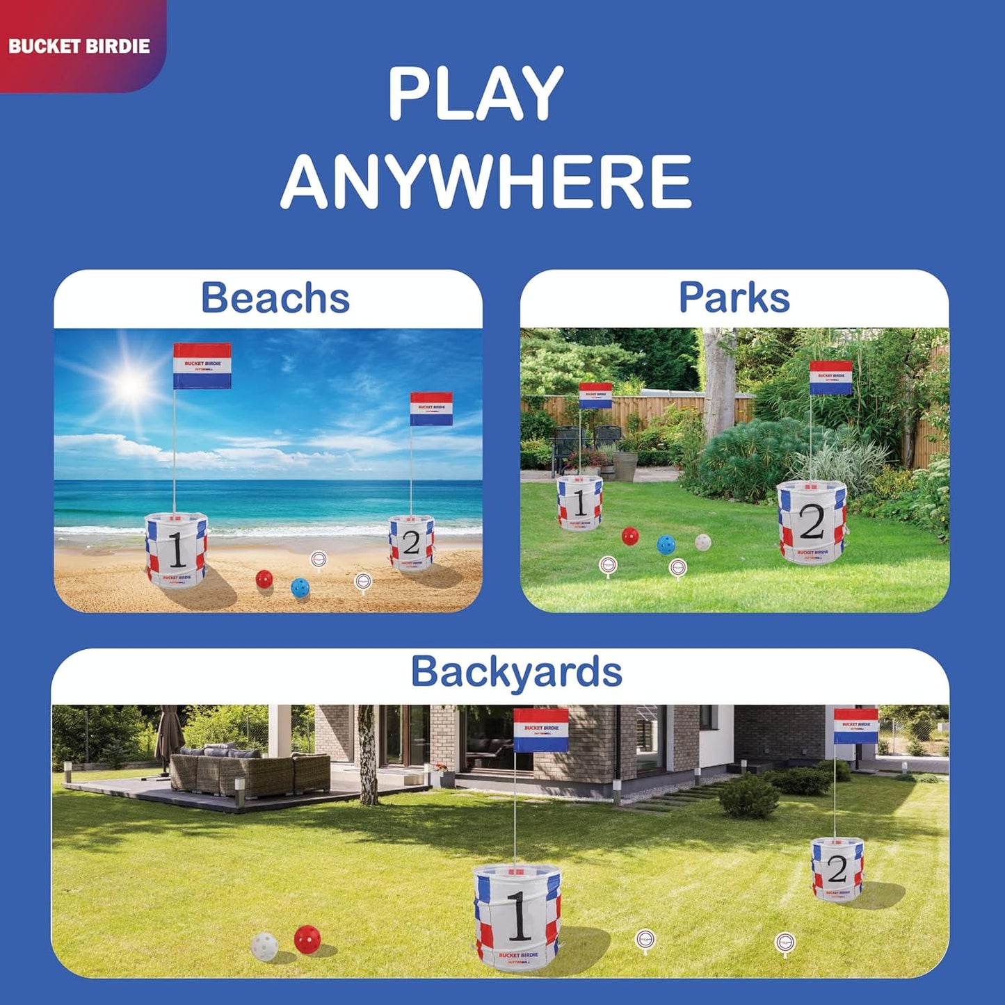 Bucket Birdie Backyard Golf Game — 6 Hole Yard Game with Adjustable Clubs, Flags, Balls, Turf Mats, and Carry Bag — Outdoor Golf Bucket for Adults and Kids