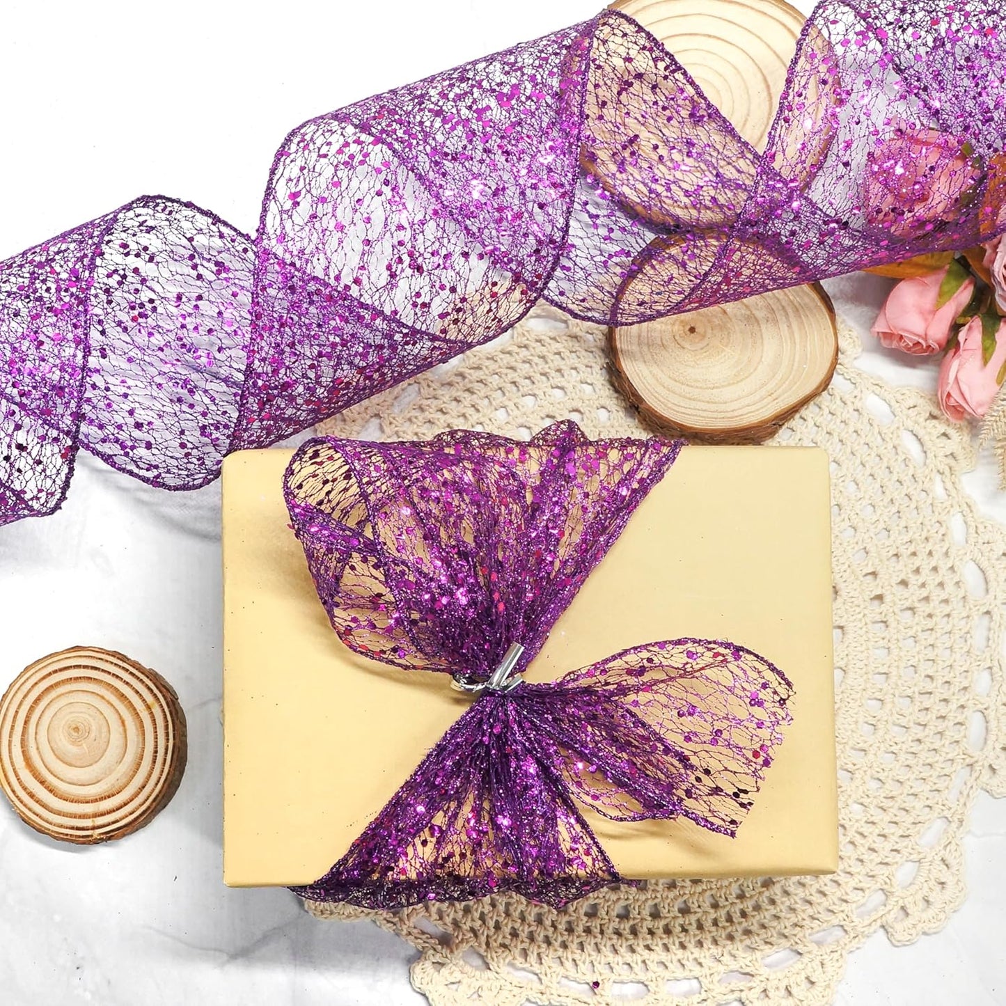CT CRAFT LLC Sparkling Glitter Mesh Wired Ribbon 6" x 10 Yards Purple for Christmas Home Decor Bow Gift Wrapping DIY Crafts Wreath