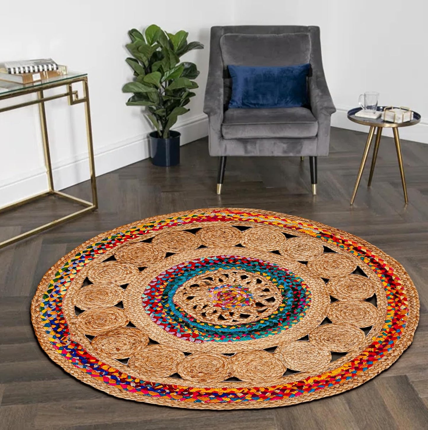 5' Round Handwoven Jute Chindi Area Rug - Colorful Boho Rugs for Living Room - Hand Braided Multicolor Bohemian Rug for Farmhouse, Bedroom, Dining Room, Classroom, Hallway, Kitchen, Office