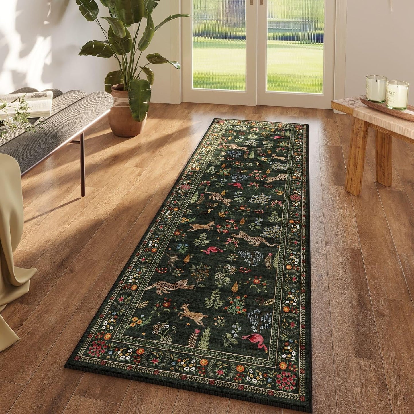 Rugcomf Runner Rug for Kitchen Rug Non Slip 2'x6' Washable Rugs with Rubber Backing Soft Floral Animal Carpet Runner for Kitchen, Laundry, Bedroom, Bathroom (Green)