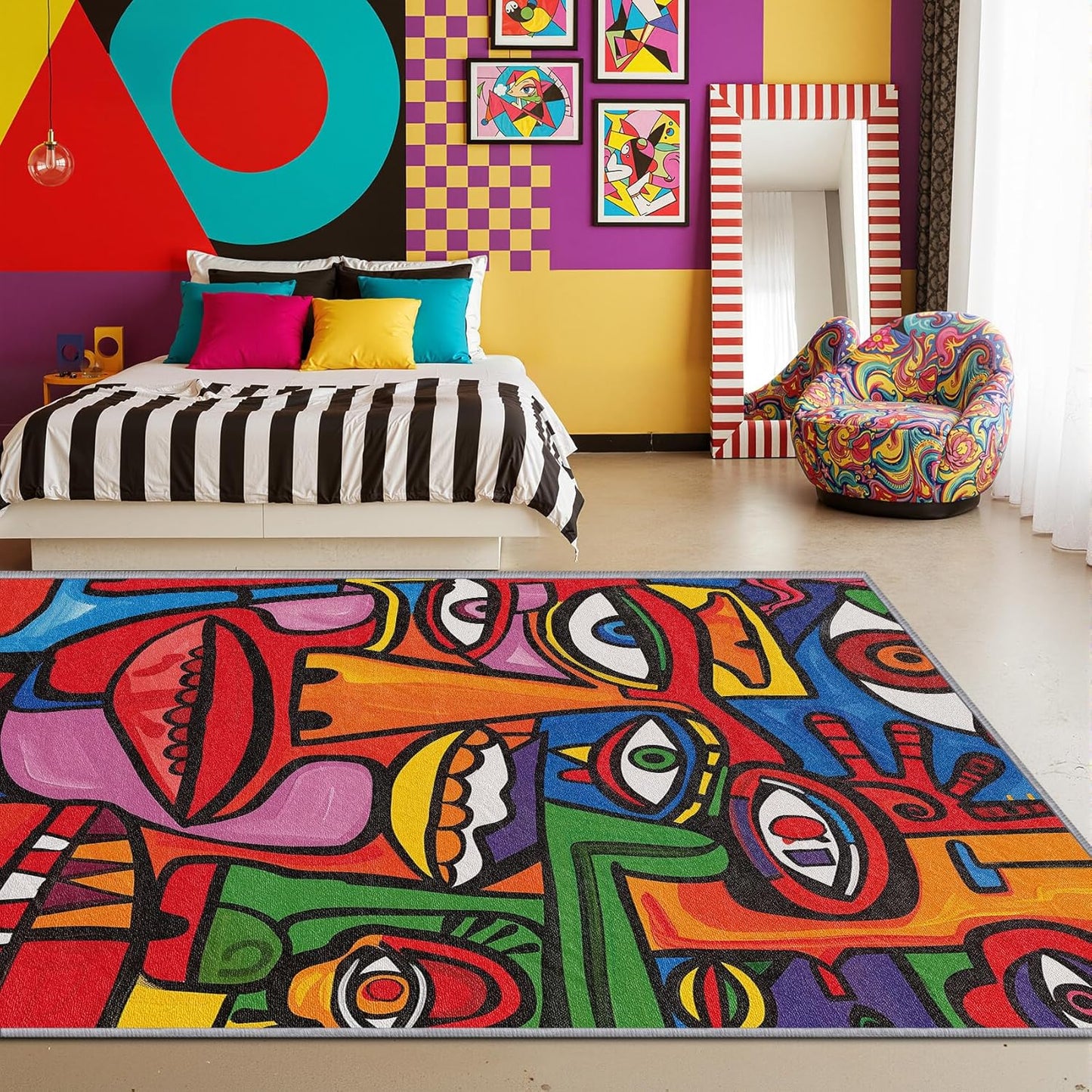 Abstract Rugs for Bedroom - 3x4 Rug - Abstract Rug - Colorful Graffiti Area Rug - Modern Geometric Pop Art Rugs - Multicolor Artistic Carpet - Home Decor