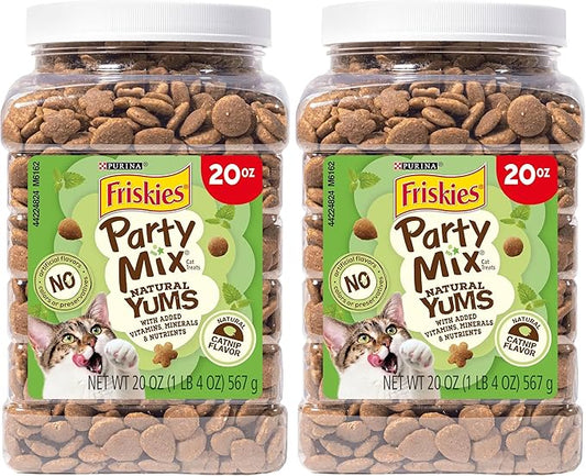 Friskies Purina Made in USA Facilities, Natural Cat Treats, Party Mix Natural YUMS Catnip Flavor - 20 Ounce (Pack of 2)