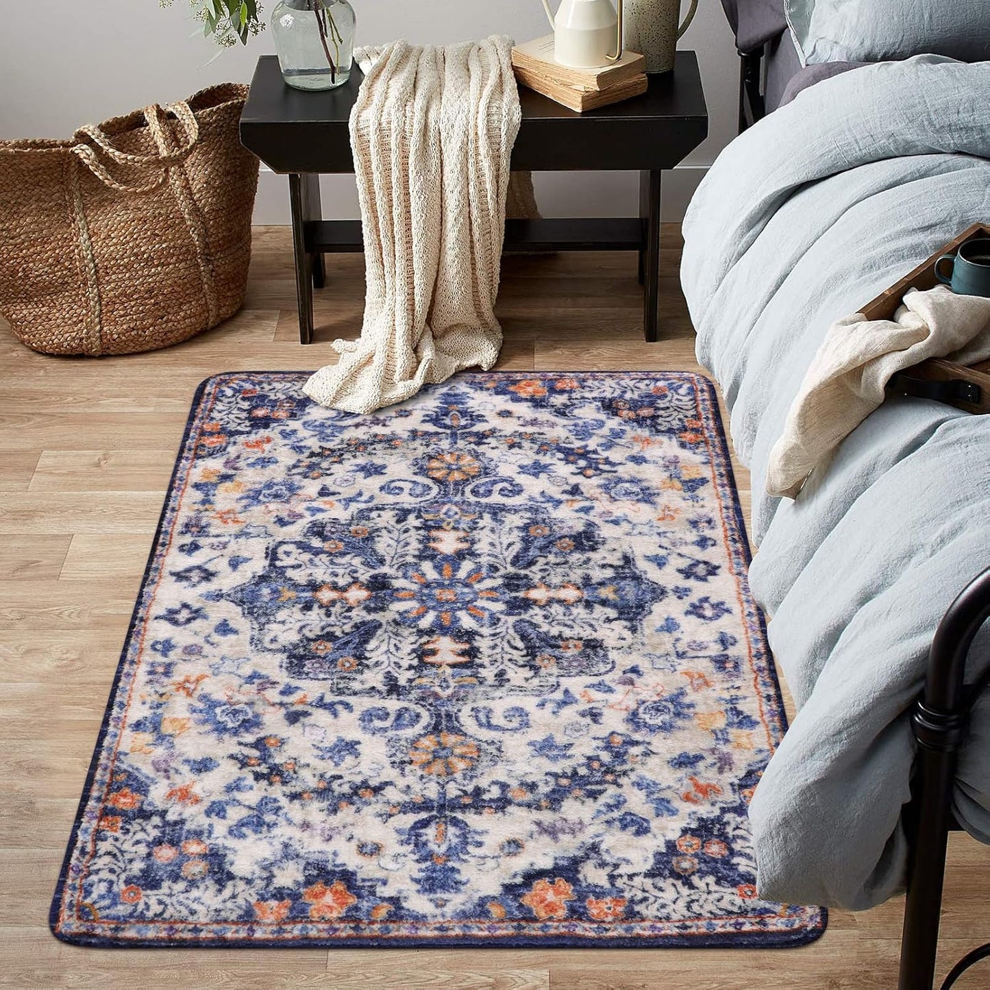Lahome Bohemian Floral Medallion Area Rug - 3x5 Blue Soft Entryway Rug Washable Bedroom Mat, Cute Non Slip Indoor Office Carpet for Kitchen Mudroom Bathroom Coffee Table Hall Foyer