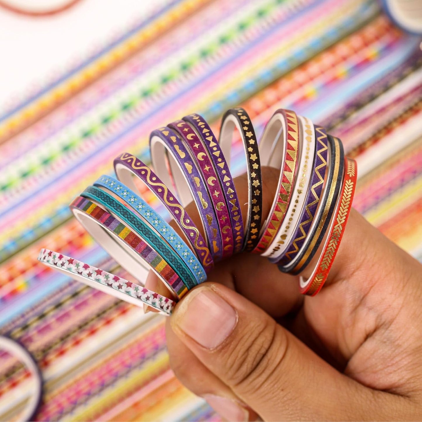 emmoolife 50 Rolls Skinny Washi Tape Set 3mm Wide, Gold Foil Print Masking Thin Basic Patterns Decorative Tapes for Scrapbooking, Junk Journal Supplies, Bullet Journaling, Craft Tape for Women Girl