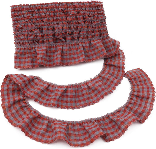 Gingham Ruffle Lace Trim Pleated Lace 5 Yards Gathered Gingham Fabric Edge Ribbon Trim for Dresses, Wedding Gowns, Crafts, Home Decor (Red)