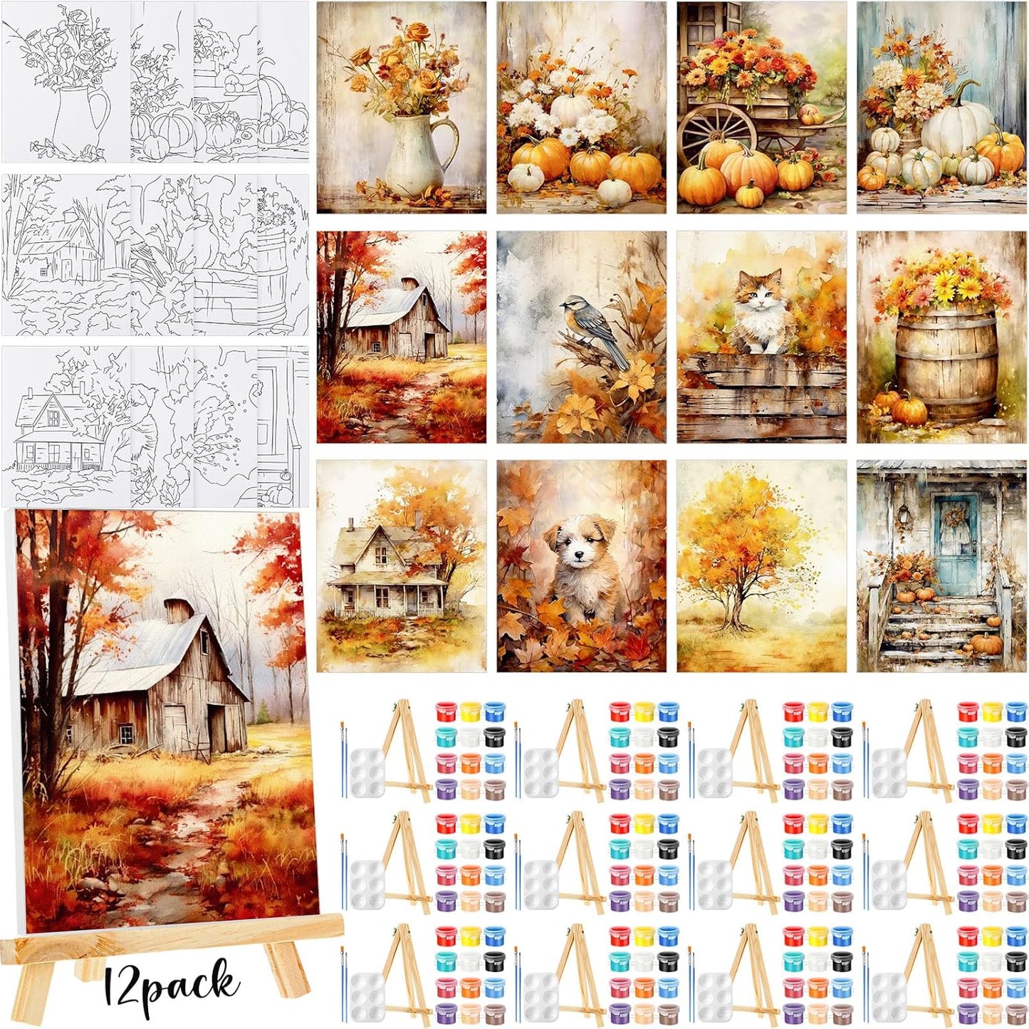 Zhanmai 12 Pack Pre Drawn Canvas for Painting Sip and Paint Kit 8" x 10" Paint Party Set Canvas Painting Pre Printed Canvases for Party Favor DIY Virtual Adult's Date Night (Harvest Autumn)