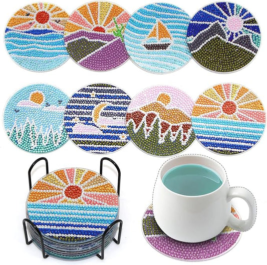 Diamond Art Coasters Kit with Holder, 8 Pcs Diamond Art Coasters for Adults Kids Beginners Crafts Gifts (Sun-Moon)
