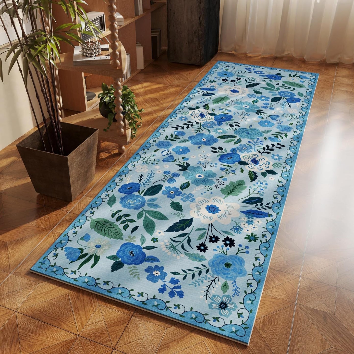 Rugcomf Runner Rug for Hallways Kitchen Rug Non Slip 2'6''x8' Washable Runner Rugs with Rubber Backing Soft Floral Carpet Runner for Hallways, Kitchen, Laundry, Bedroom, Bathroom(Blue)
