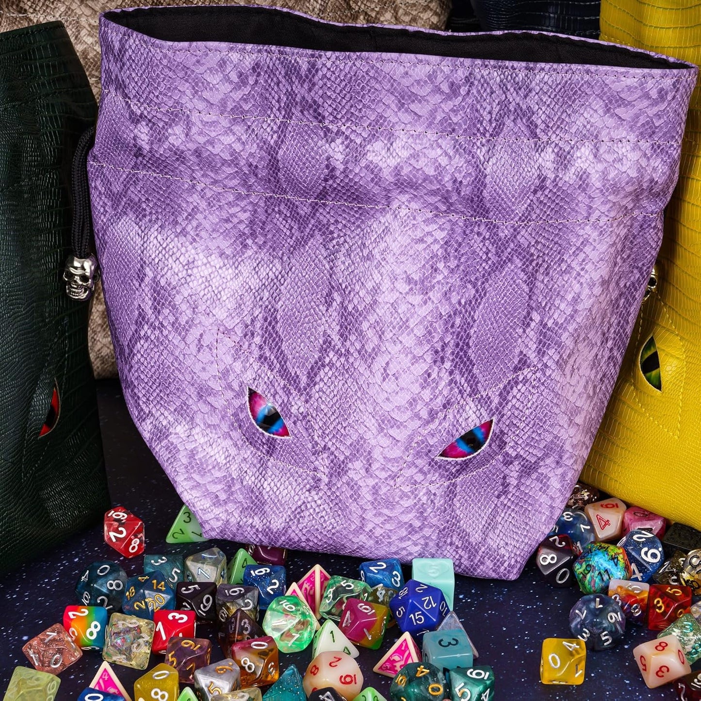 Large DND Dice Bag Leather Dice Storage Bag Purple D&D Drawstring Pouch with Pockets for RPG Table Games - Can Hold 200+ Polyhedral Dice