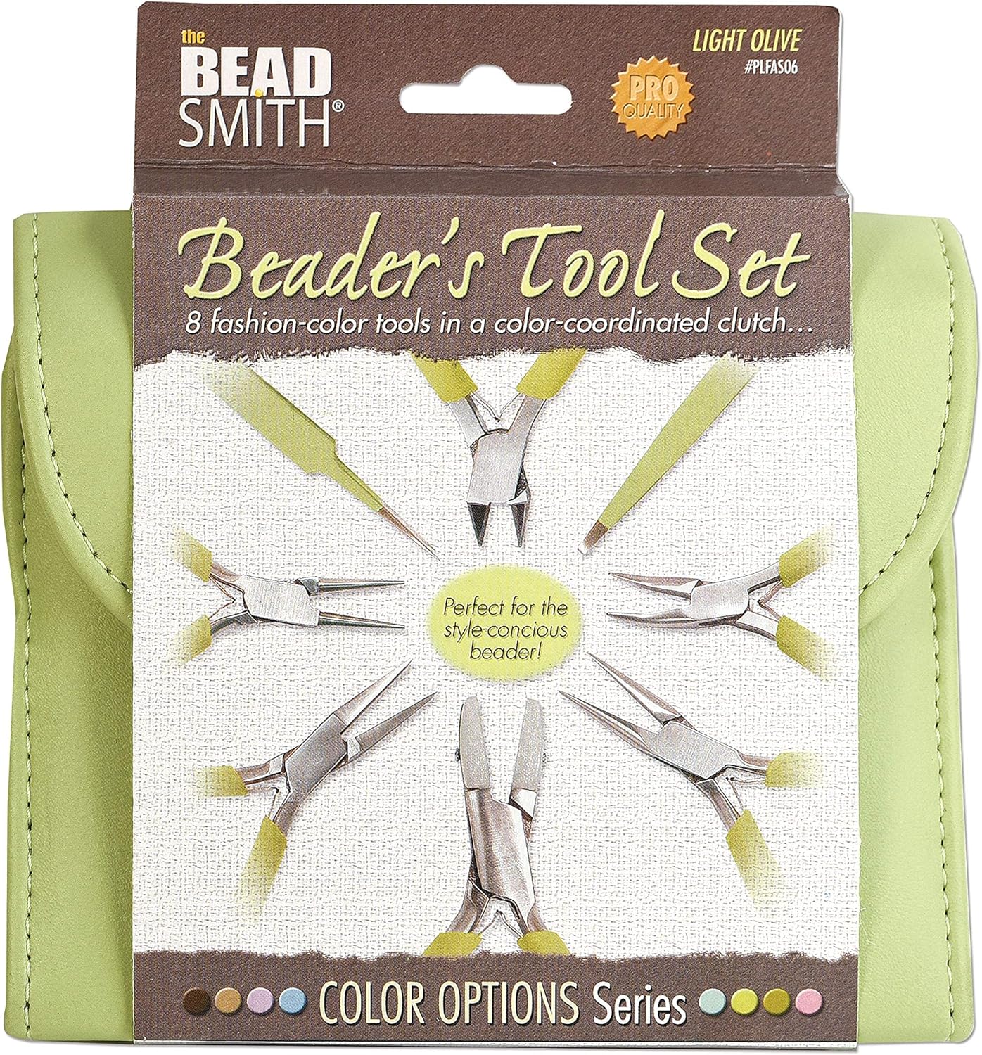 The Beadsmith Fashion Color Pliers – Set of 8 Slimline Color-Coordinated Tools – Matching Clutch in Light Olive – Jewelry Making Supply Kit to Create Necklaces, Bracelets, Earrings & More