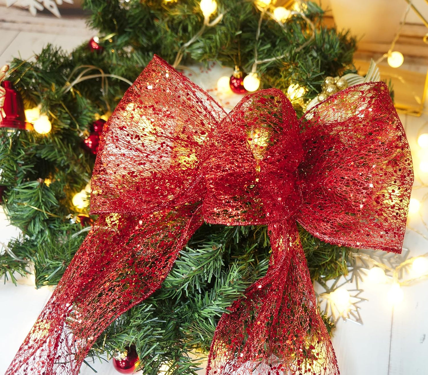 CT CRAFT LLC Sparkling Glitter Mesh Wired Ribbon 6" x 10 Yards Red for Christmas Home Decor Bow Gift Wrapping DIY Crafts Wreath