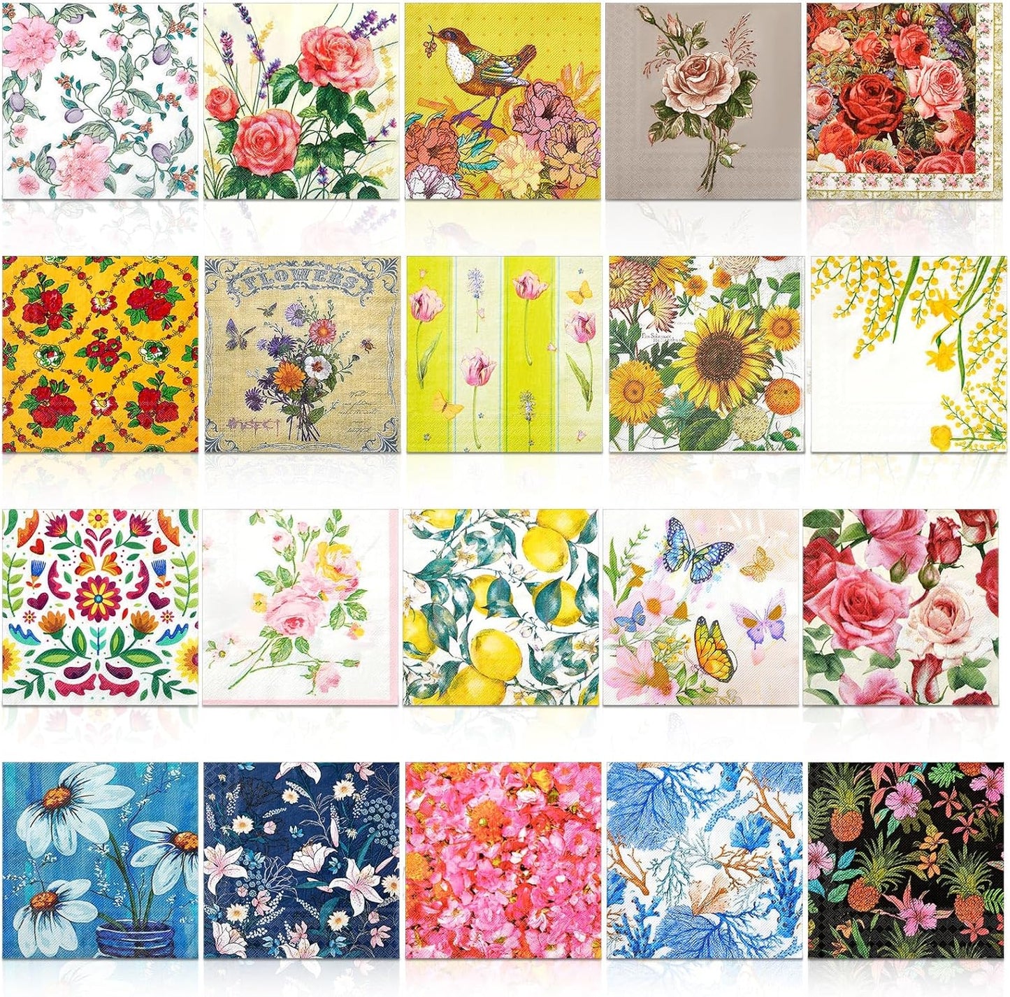 Crtiin 20 Pack Assorted Floral Napkins for Decoupage Toilet Napkins Flower Cocktail Decorative Paper for Birthday Party Beautiful Gorgeous, 20 Styles Each 6.5 inches(Style 9)