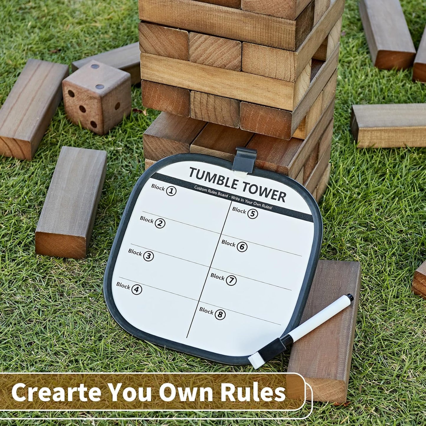 ApudArmis 54 PCS Tumble Timber Set Up to 3.2FT, Pine Wooden Tumble Tower Game with Dice and Scoreboard Set - Classic Block Stacking Board Game for Adults Teenagers (Brown)