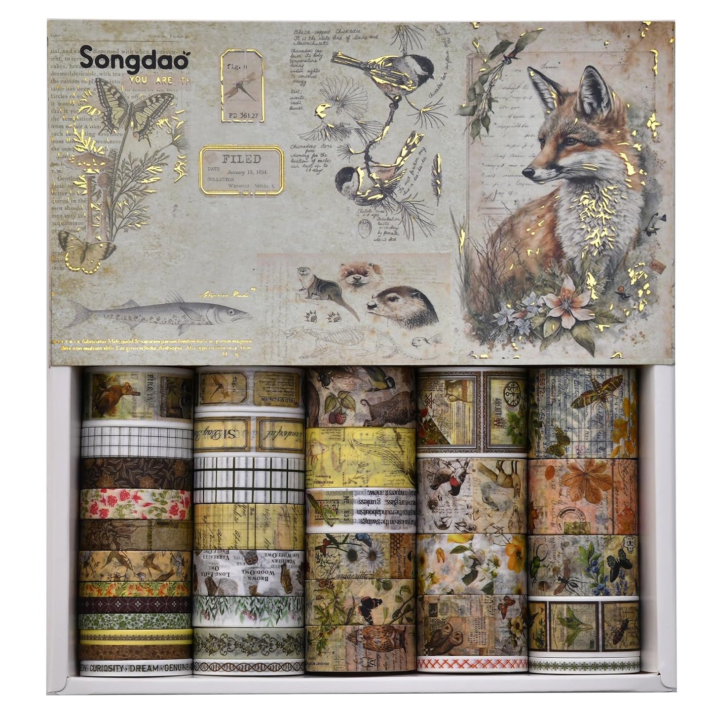 36 Rolls Vintage Washi Tape Pack Retro Arts Adhesive Tapes Wide Chronicle Decorative Masking Tape Sets for Craft, Kids, Scrapbook, DIY, Gift Wrapping (Soul Songs)