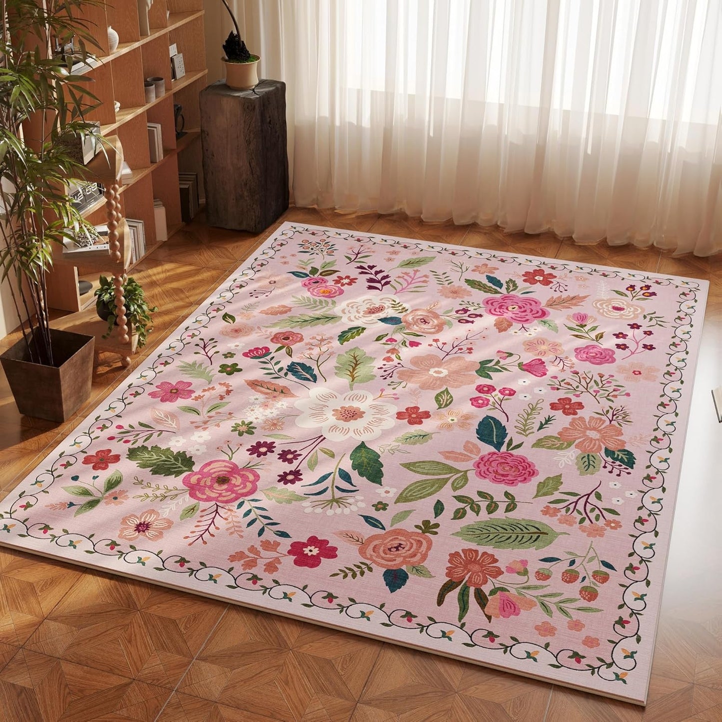 Rugcomf Bedroom Rug 3x5 Rug Washable Area Rug Non Slip Low Pile Boho Floral Small Carpet for Bedroom, Bedside, Kitchen, Entryway, Kids Room, Office, College Dorm Essentials for Girls(Pink)