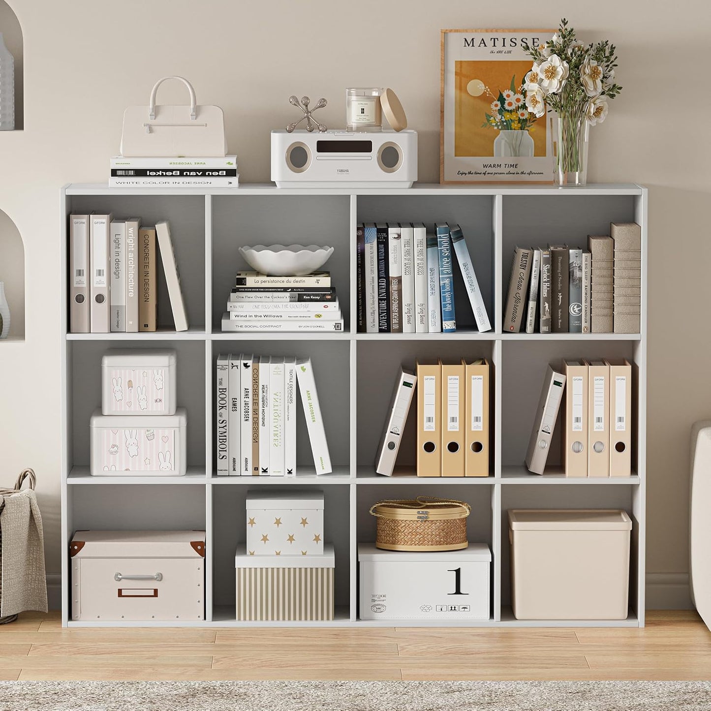 Wooden Cube Storage Organizer with Closed Back Panel, 11in Cube Shelf Opening, Bookshelf, Display Shelf,Closet Cabinet for Home and Office (Embossed White, 12-Cube 35.98L*9.45W*47.72H)