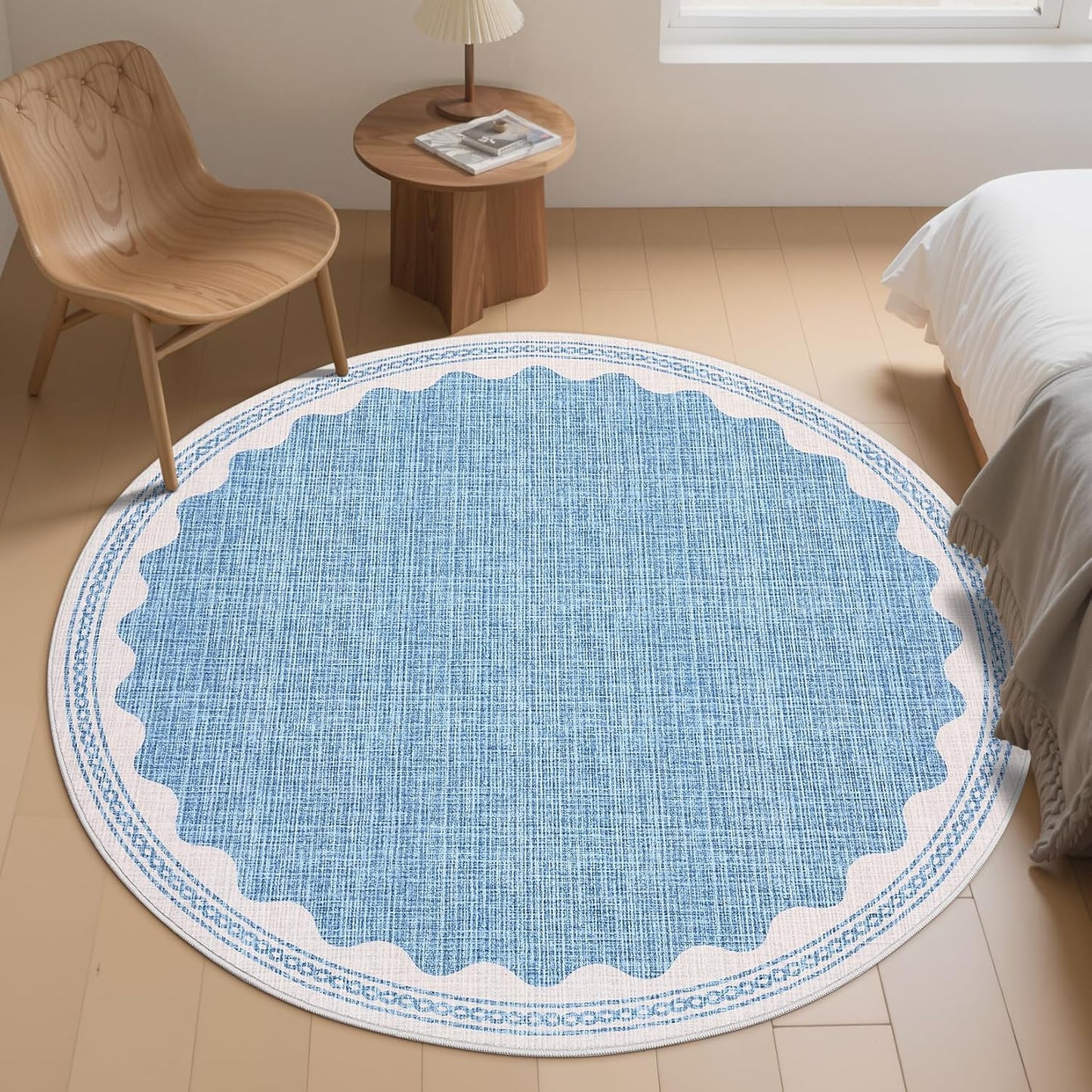 Scalloped Round Rug 6ft, Small Area Rugs Solid Blue Rug for Bedroom Girls, Washable Rugs for Living Room, Non Slip Scalloped Round Bath Mat, Soft Dorm Nursery Carpet for Bedside