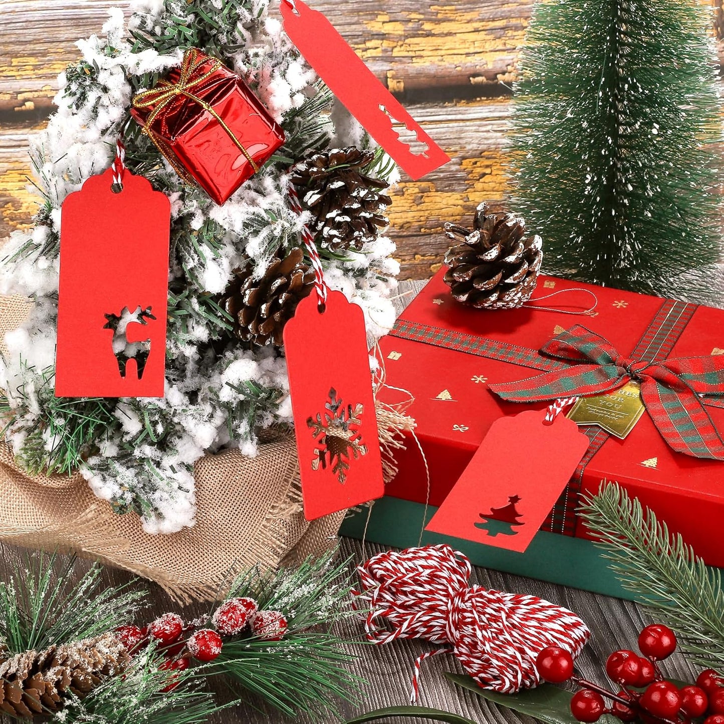 Aneco 150 Pieces Christmas Paper Gift Tags Red Kraft Tags Hang Labels Christmas Tree Snowflake Reindeer Design with 30 Meters Twine for Christmas DIY Wrapping Favor Holiday Present