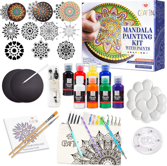 Complete Beginner's Mandala Painting 46 Piece Kit with Acrylic Paints, Reusable Stencils and Dotting Tools. Fun Rock Art & DIY Craft Project. Starter Activity Pack and Gift for Teens, and Adults