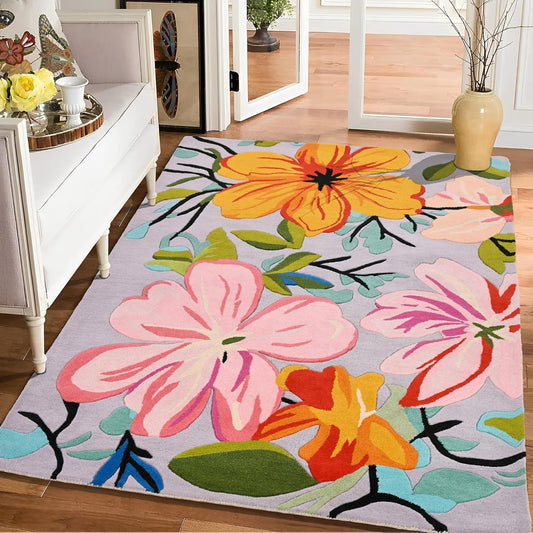 Handmade Wool Floral Area Rug for Living Room | Elegant Flower Garden Design, Soft, Thick and Durable | Bedroom, Dining Room & Home Decor Carpet (2.6' x 8', Floral K)