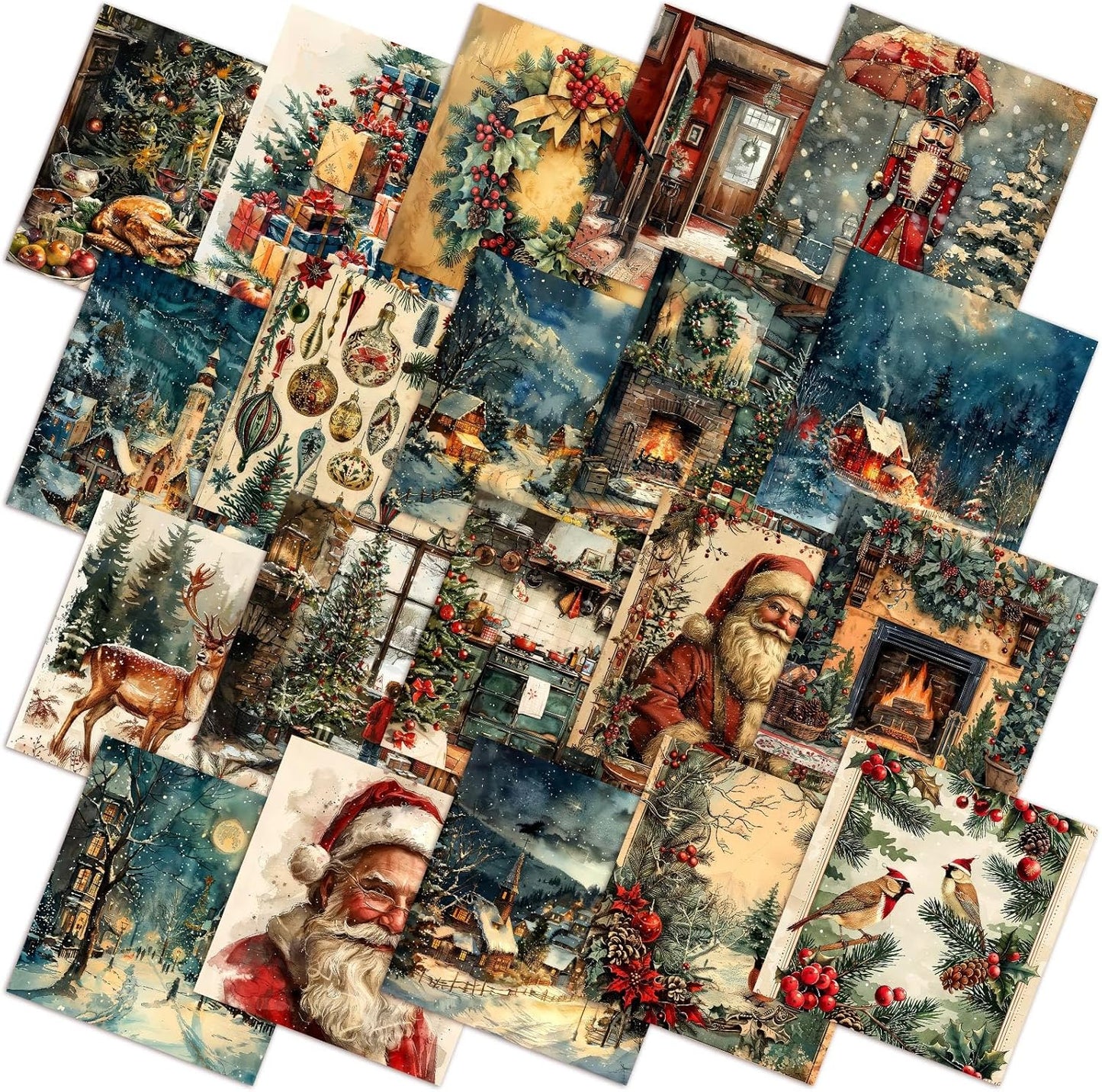Ganeen 60 Pcs 10 x 10 Inch Vintage Christmas Quilting Fabric Squares Nutcracker Santa Claus Fabric Bundle Retro Reindeer Fat Patchwork Precut Stripe for Winter Xmas Handmade Material Sewing DIY Craft