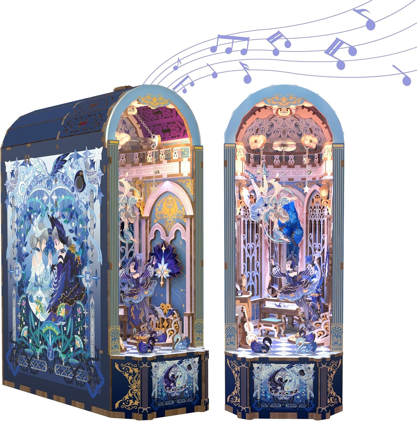 Tonecheer DIY Book Nook Kit for Adults, 3D Wooden Puzzle Music Box Bookend, Rotation Miniature House Booknook Bookshelf Insert Decor with Dust Cover and LED Light (Swan Dream)