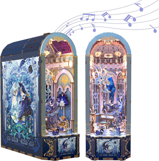 Tonecheer DIY Book Nook Kit for Adults, 3D Wooden Puzzle Music Box Bookend, Rotation Miniature House Booknook Bookshelf Insert Decor with Dust Cover and LED Light (Swan Dream)