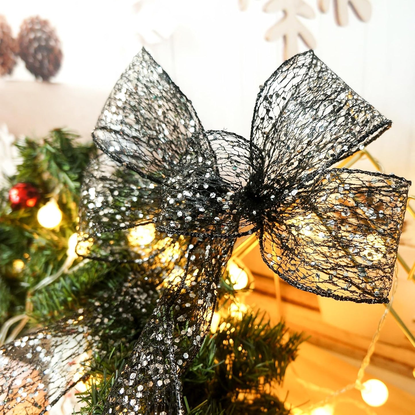 CT CRAFT LLC Sparkling Glitter Mesh Wired Ribbon 2.5" x 20 Yards Black for Christmas Home Decor Bow Gift Wrapping DIY Crafts Wreath