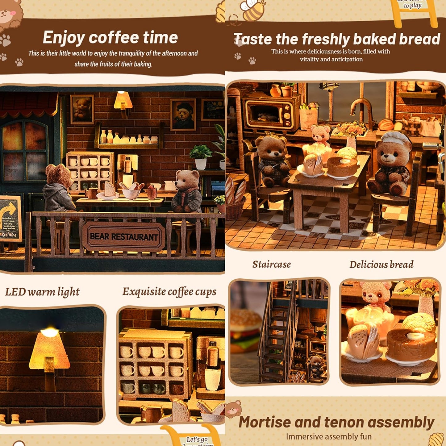 ISSEVE Book Nook Kit - DIY Miniature House Kit for Adults, Teens and Beginners, Dollhouse Booknook Craft Tiny House Bookshelf Decor 3D Wooden Puzzle, Gifts for Friends Family (Bear Restaurant)