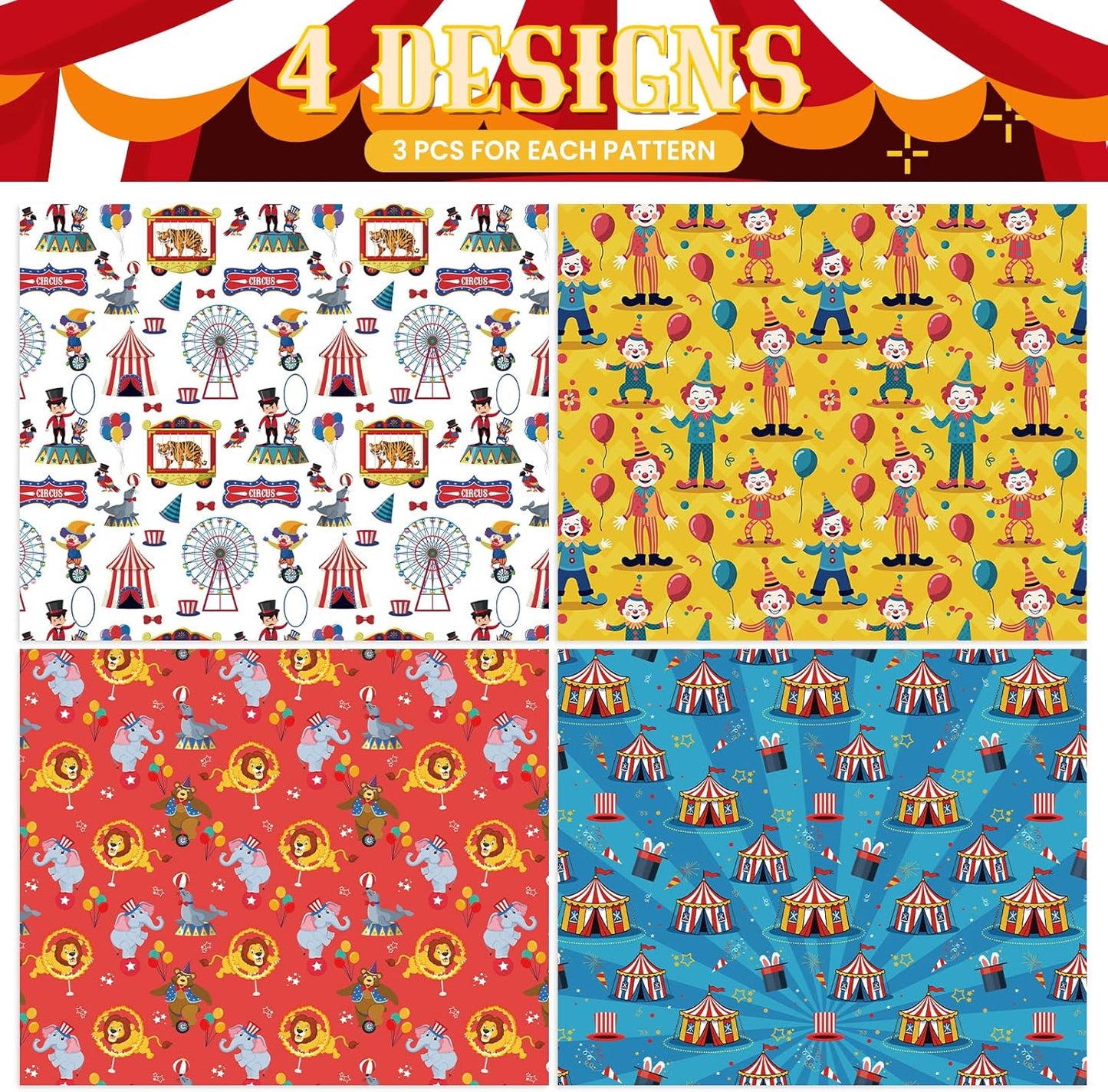 Pineraap 12 Sheets Circus Wrapping Paper, Cute Circus Acrobatic Clown Ferris Wheels Balloon Tent Pattern Folded Gift Packing Paper for Birthday, Baby Shower, Parties, Gifts, Crafts, 20 x 28 inch