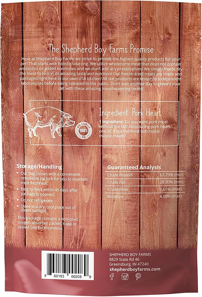 Shepherd Boy Farms Freeze Dried Dog and Cat Treats, Pork Heart, All Natural Single Ingredient Freeze-Dried Dog Treat & Snacks, Made in USA, High Protein, Essential Nutrition of Raw Food, 3oz