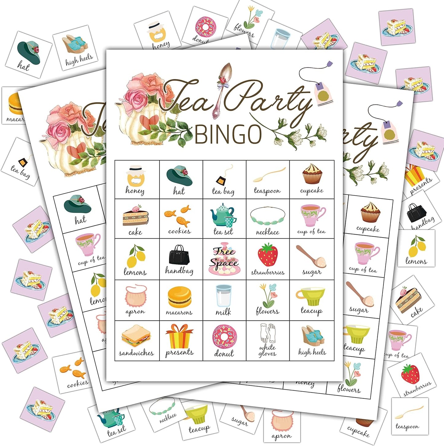 Tea Party Bingo Cards, Tea Bridal Party Games Bingo Cards, School Party, Birthday, Garden Tea Party Favors Supplies Decorations, 24 Players Bingo Game (A02)